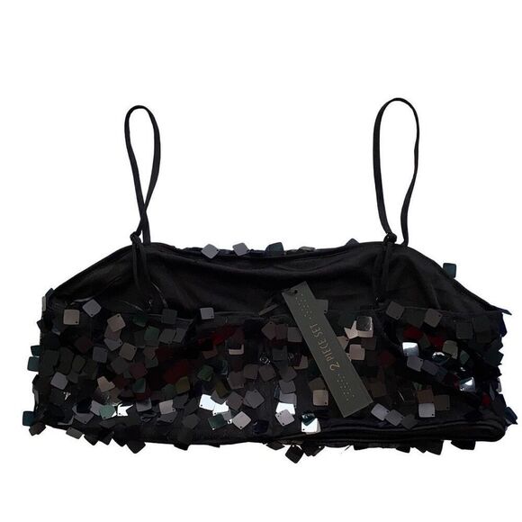 House Of Harlow NWT Crop Top Party Clubwear Rave Black Sequins Sparkle Sexy L - Picture 2 of 6
